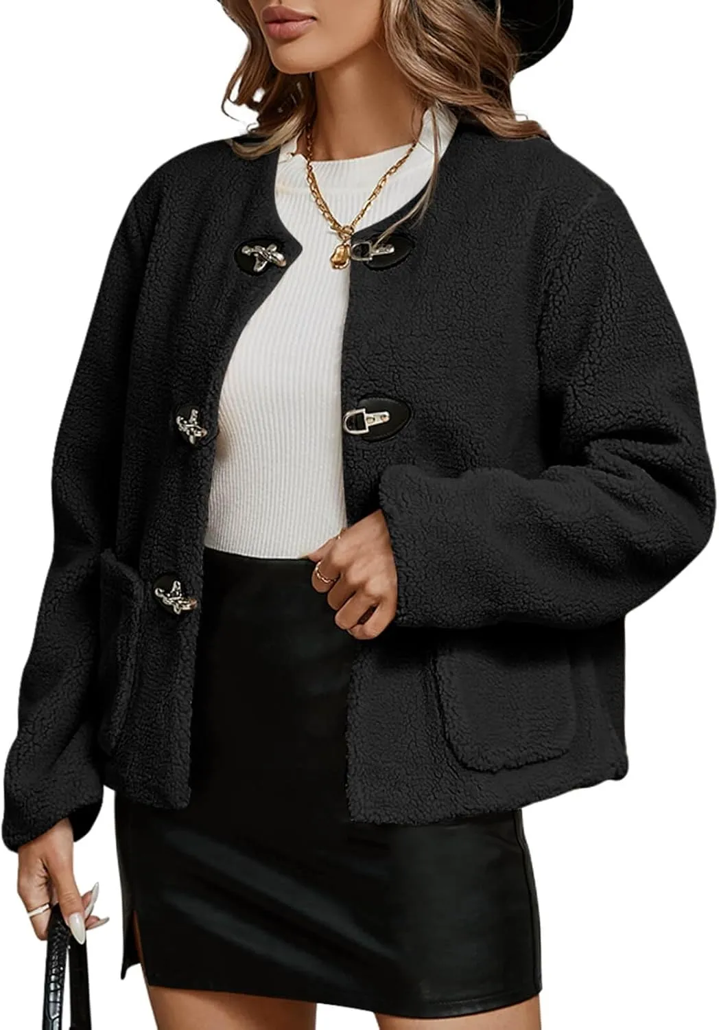 Tankaneo Womens Sherpa Fleece Jackets Long Sleeve Faux Fur Winter Warm Fuzzy Coats with Pockets