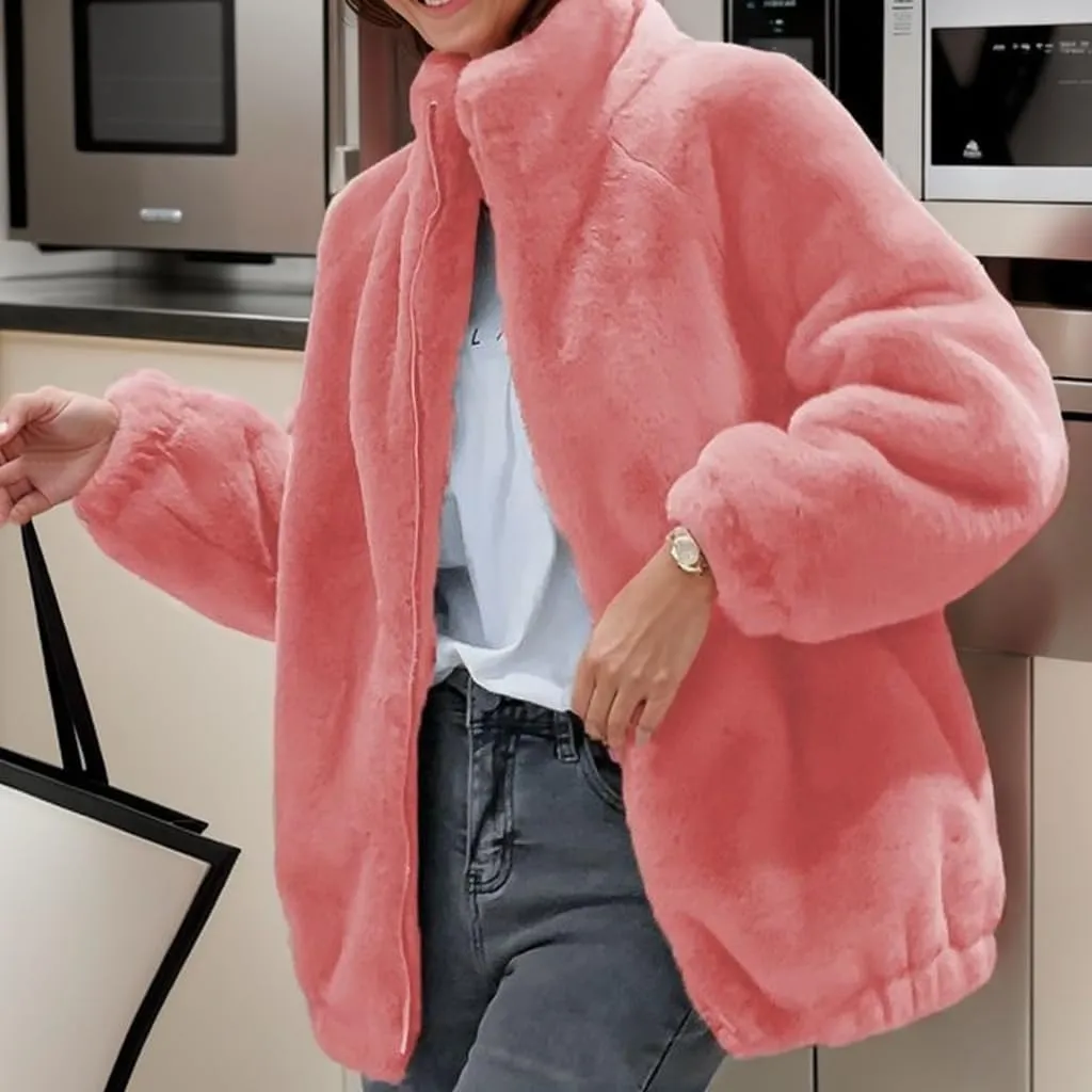TIAFORD Women's Zip Up Sherpa Sweatshirt Fuzzy Fleece Solid Color Coat Long Sleeves Oversized Pull On Outerwear
