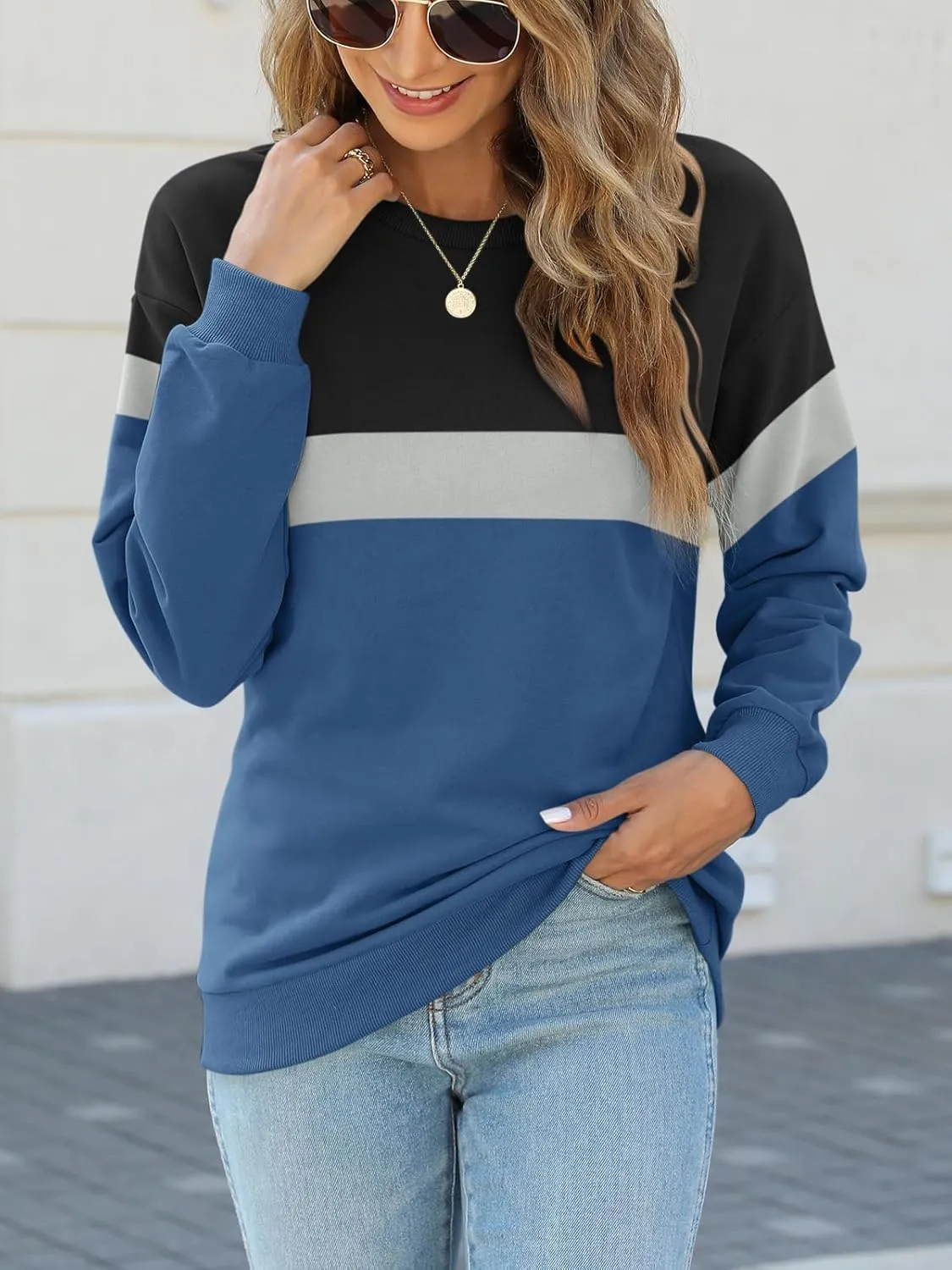 TICTICMIMI Women's Long Sleeve Tops Casual Color Block/Solid Cute Crewneck Sweatshirts Pullover Fall Shirts