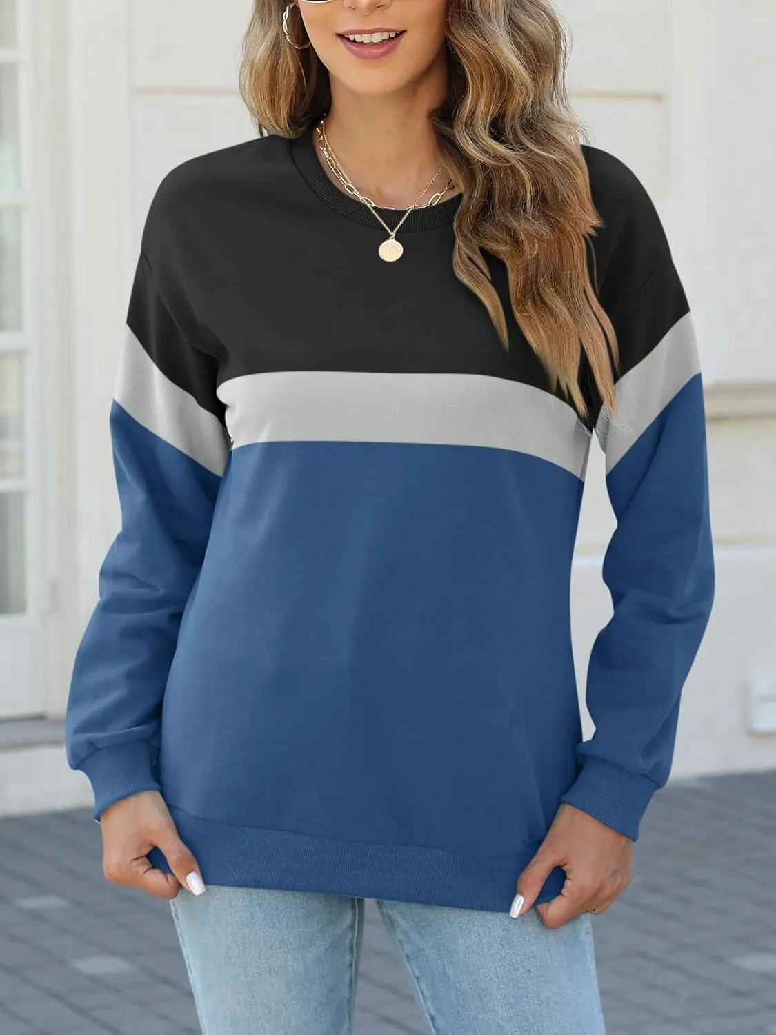 TICTICMIMI Women's Long Sleeve Tops Casual Color Block/Solid Cute Crewneck Sweatshirts Pullover Fall Shirts