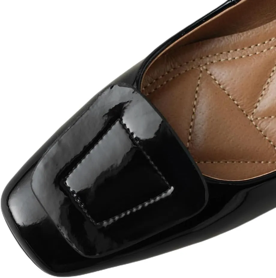 TinaCus Square Toe Glossy Patent Leather Handmade Low Chunky Heels Women's Casual Loafers Shoes