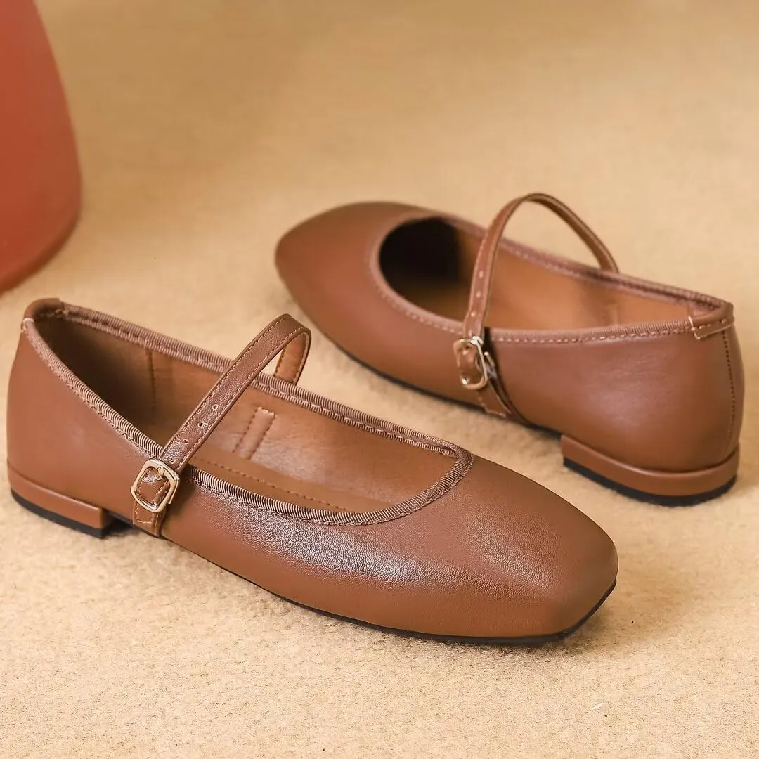 TN TANGNEST Flats for Women Classical Square Toe Mary Jane Flats Soft One Line Strap Flats Slip On Flats