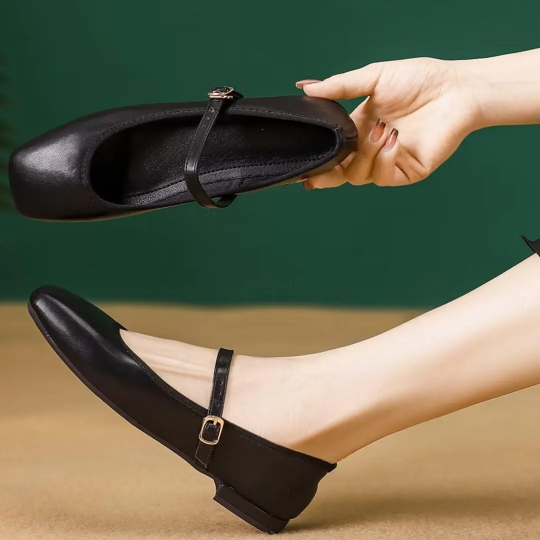 TN TANGNEST Flats for Women Classical Square Toe Mary Jane Flats Soft One Line Strap Flats Slip On Flats