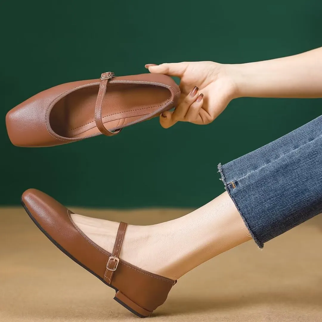 TN TANGNEST Flats for Women Classical Square Toe Mary Jane Flats Soft One Line Strap Flats Slip On Flats