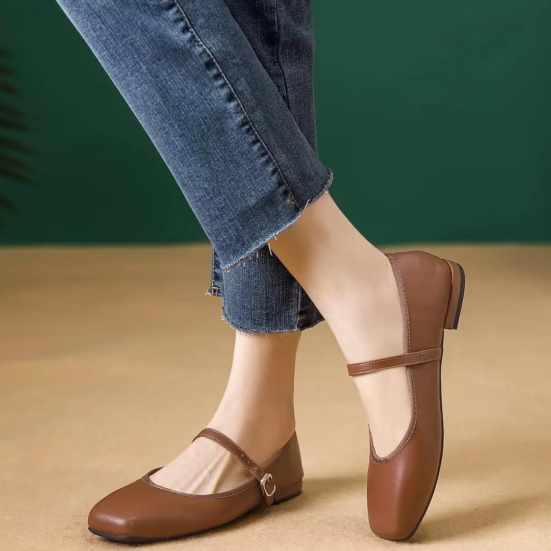 TN TANGNEST Flats for Women Classical Square Toe Mary Jane Flats Soft One Line Strap Flats Slip On Flats