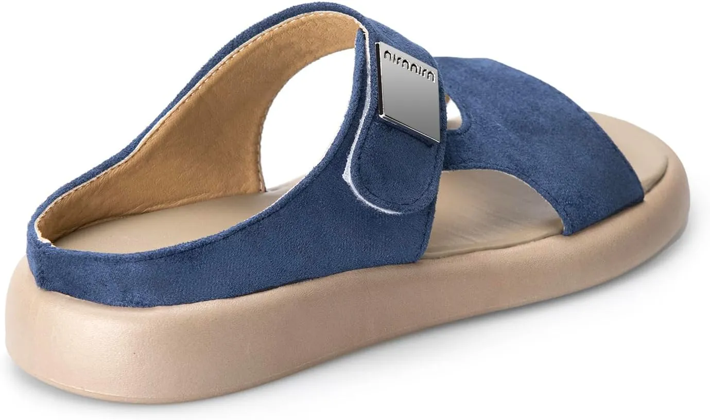 TOCONFFON Women's Flat Slides Sandals Comfort Adjustable Double Strap Slip on Soft Leather Slippers