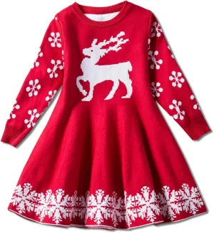 ToddlBy Little Girls Christmas Dress Reindeer Snowflake Long Sleeve Knit Sweater Dress Knitted Sweater (Red, 7-8 Years) c46