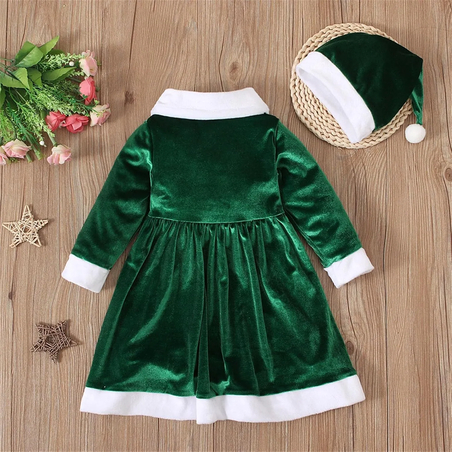 Toddler Baby Girls Velvet Christmas Dress Long Sleeve Santa Dresses Princess Birthday Party Dress Hat