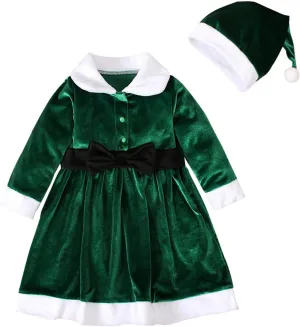 Toddler Baby Girls Velvet Christmas Dress Long Sleeve Santa Dresses Princess Birthday Party Dress Hat
