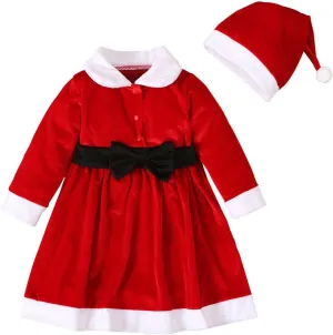 Toddler Baby Girls Velvet Christmas Dress Long Sleeve Santa Dresses Princess Birthday Party Dress Hat