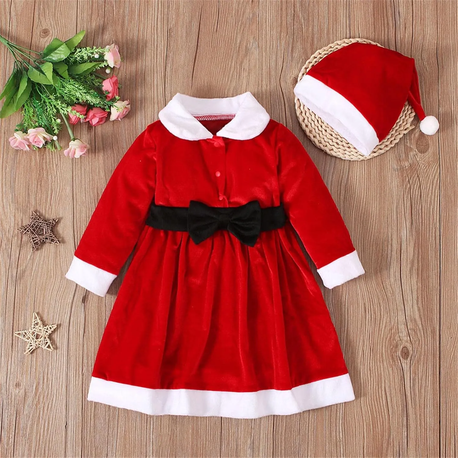 Toddler Baby Girls Velvet Christmas Dress Long Sleeve Santa Dresses Princess Birthday Party Dress Hat
