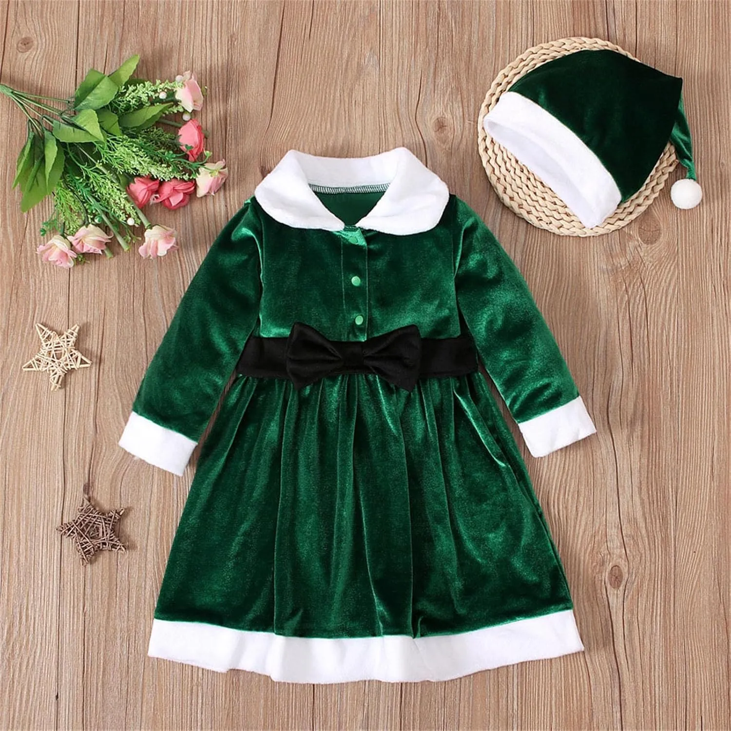 Toddler Baby Girls Velvet Christmas Dress Long Sleeve Santa Dresses Princess Birthday Party Dress Hat