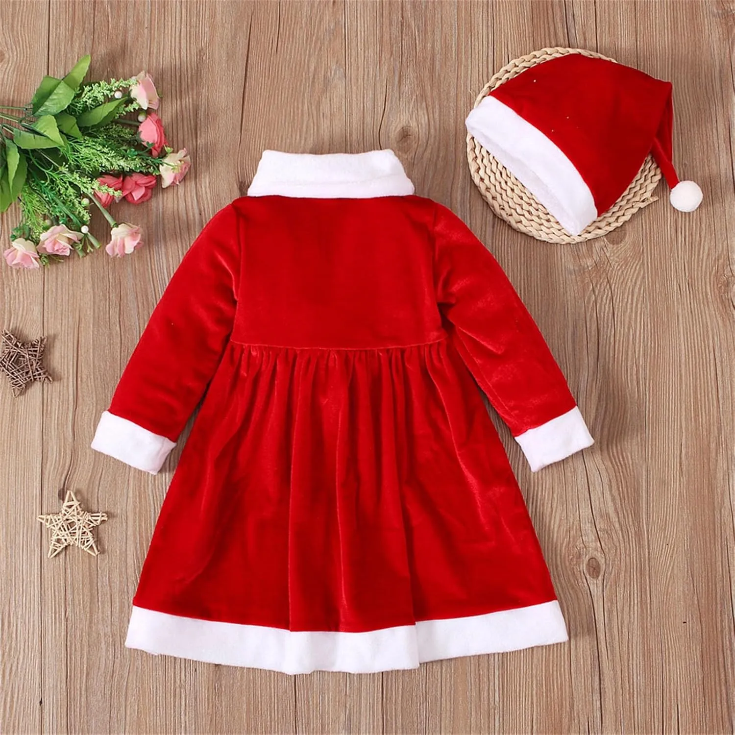 Toddler Baby Girls Velvet Christmas Dress Long Sleeve Santa Dresses Princess Birthday Party Dress Hat