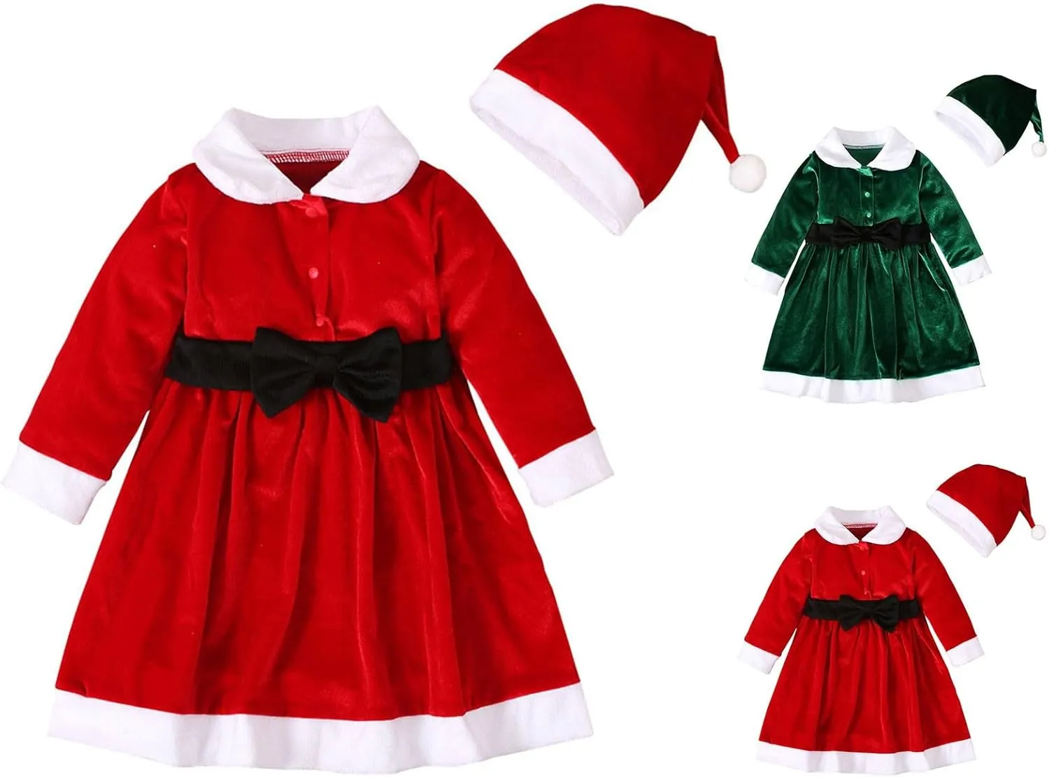 Toddler Baby Girls Velvet Christmas Dress Long Sleeve Santa Dresses Princess Birthday Party Dress Hat