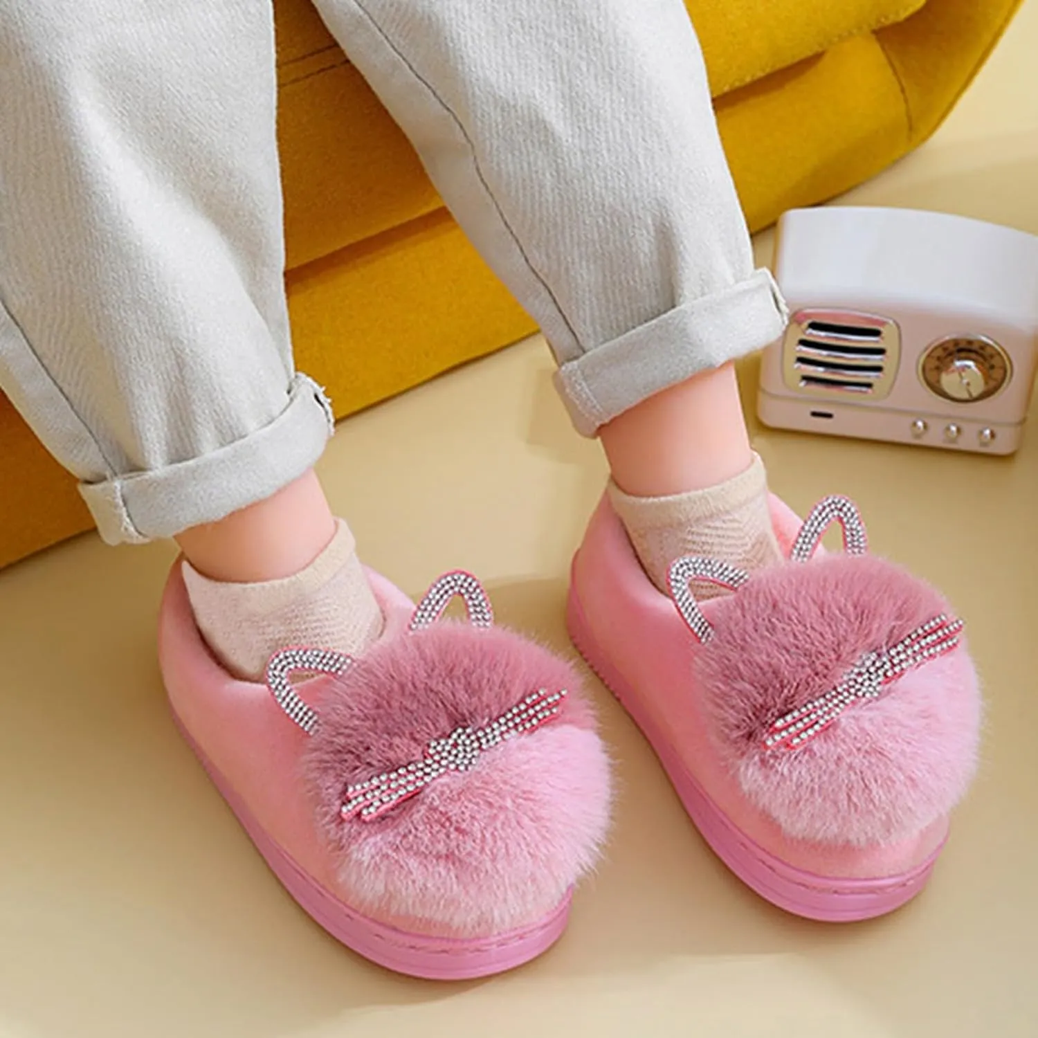 Toddler Fluff Slippers for Girls Boys Warm Household Shoes Winter Indoor Cotton Slippers with Microfleece ?ining