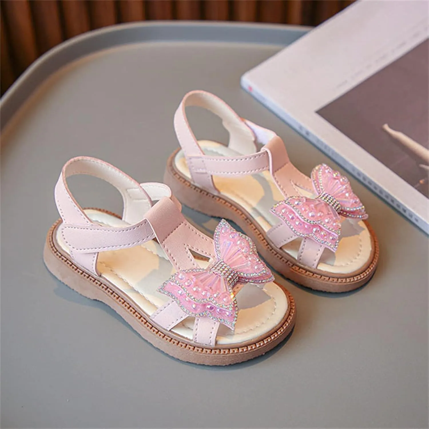 Toddler Girls 3d Butterfly Strap Sandals Flat Kids Glitter Cute Princess Shoes Open Toe Outdoor Summer Soft Soles
