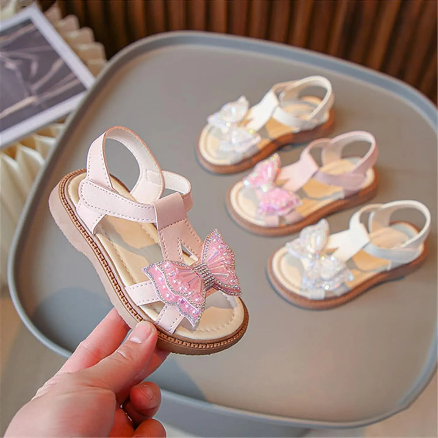 Toddler Girls 3d Butterfly Strap Sandals Flat Kids Glitter Cute Princess Shoes Open Toe Outdoor Summer Soft Soles
