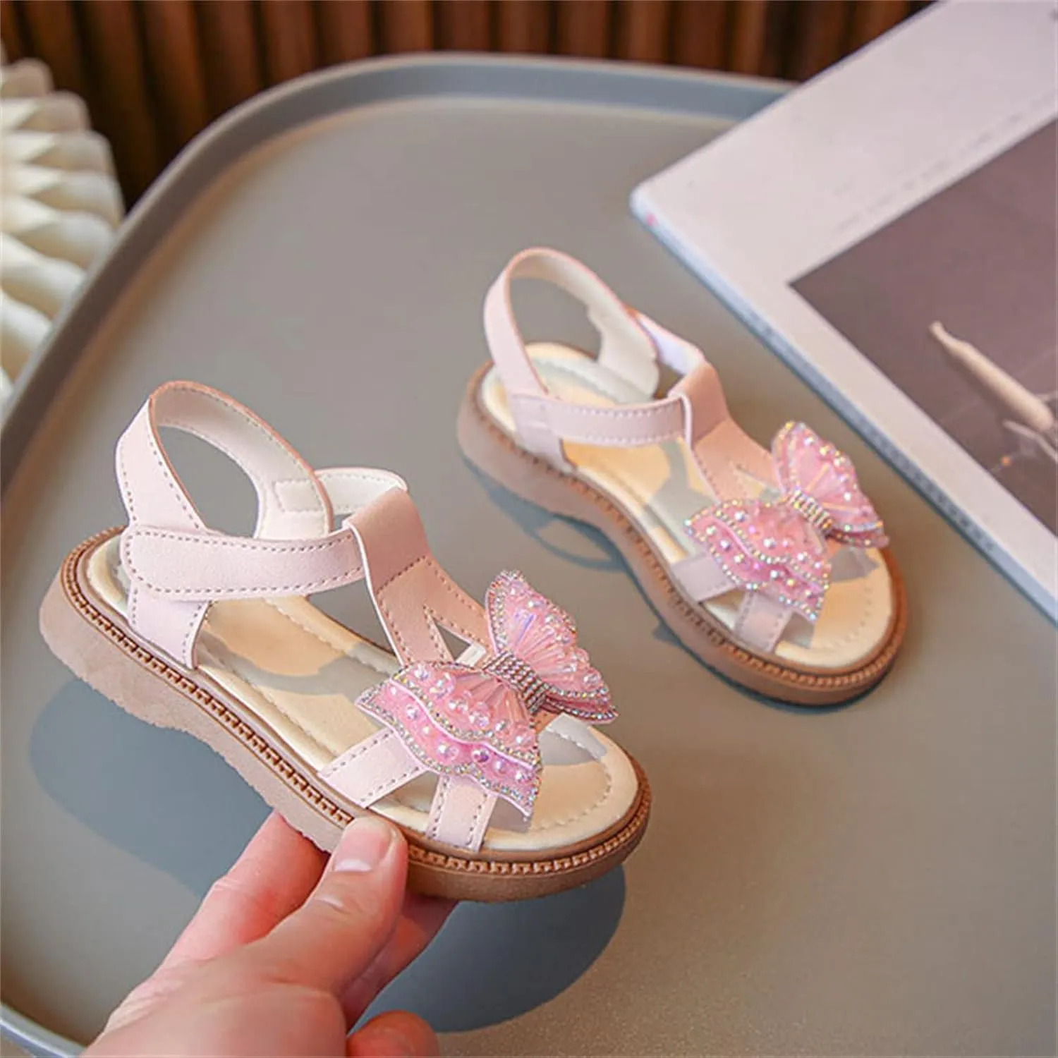 Toddler Girls 3d Butterfly Strap Sandals Flat Kids Glitter Cute Princess Shoes Open Toe Outdoor Summer Soft Soles