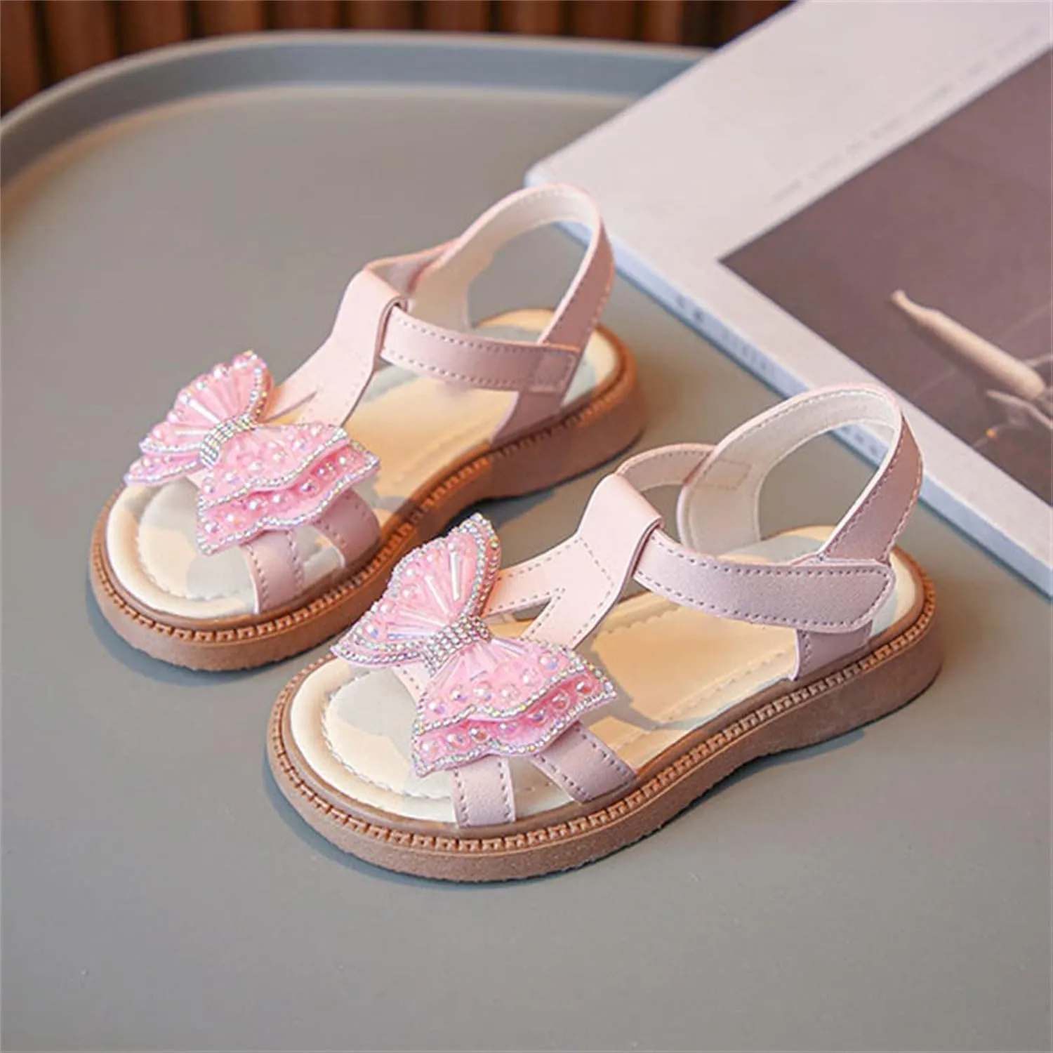 Toddler Girls 3d Butterfly Strap Sandals Flat Kids Glitter Cute Princess Shoes Open Toe Outdoor Summer Soft Soles