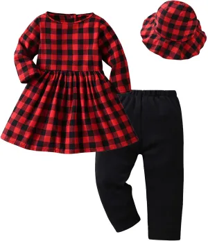 Toddler Girls Matching Christmas Outfits Kids Long Sleeve Buffalo Plaid Dress Long Pants Hat Baby (Red, 3-4 Years)