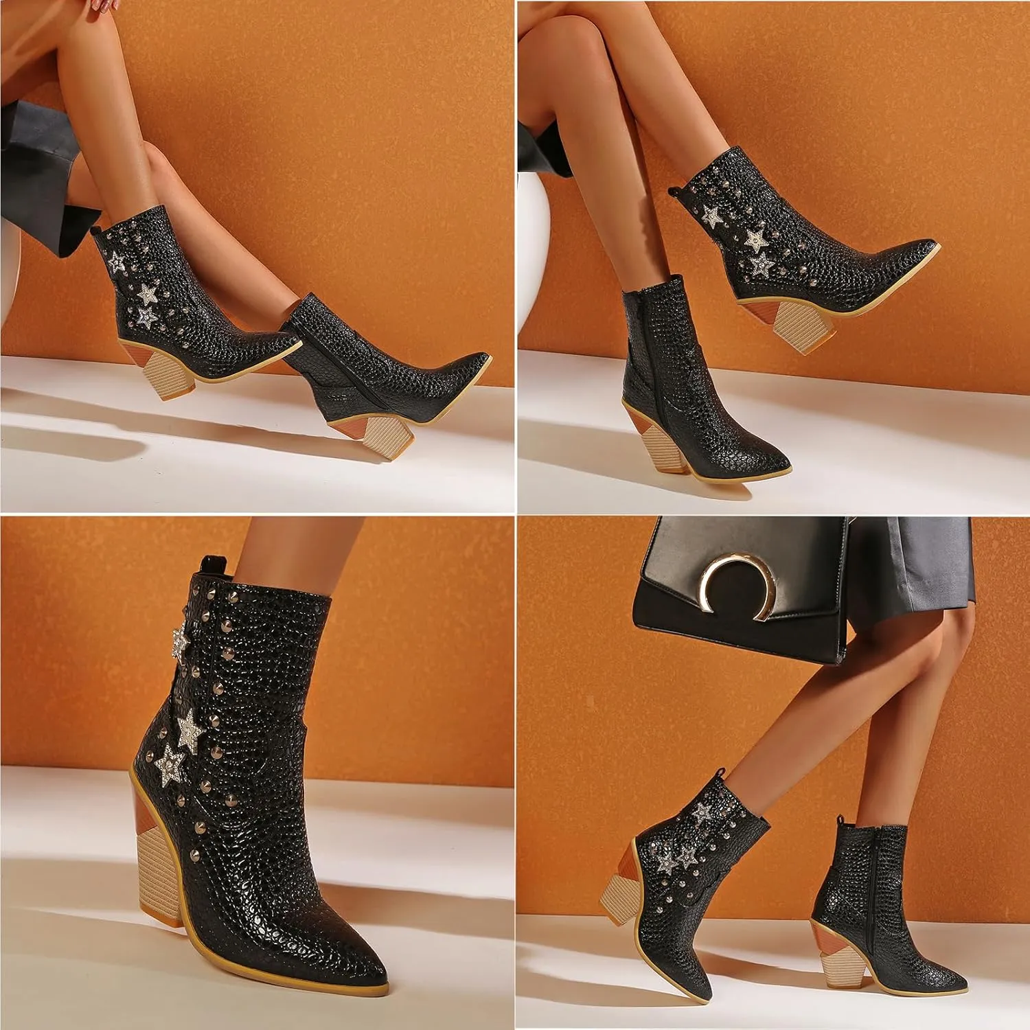 Tokouk Women's Crocodile Printed Rivet Studded Chunky High Heel Ankle Boots With Side Zipper,Sexy Pointed Toe Wedding party Cowgirl Short Boots Dress Chelsea Booties