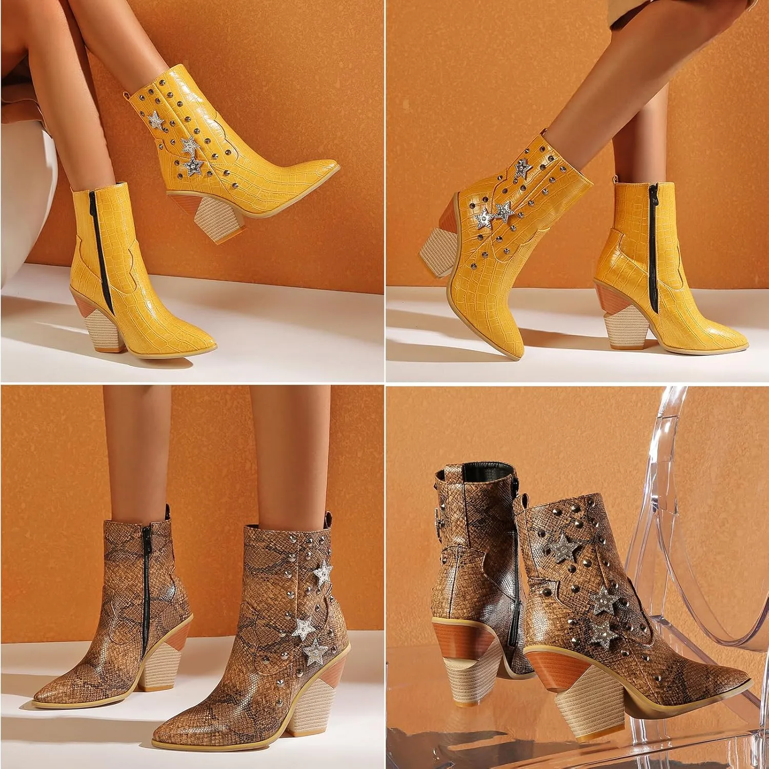 Tokouk Women's Crocodile Printed Rivet Studded Chunky High Heel Ankle Boots With Side Zipper,Sexy Pointed Toe Wedding party Cowgirl Short Boots Dress Chelsea Booties