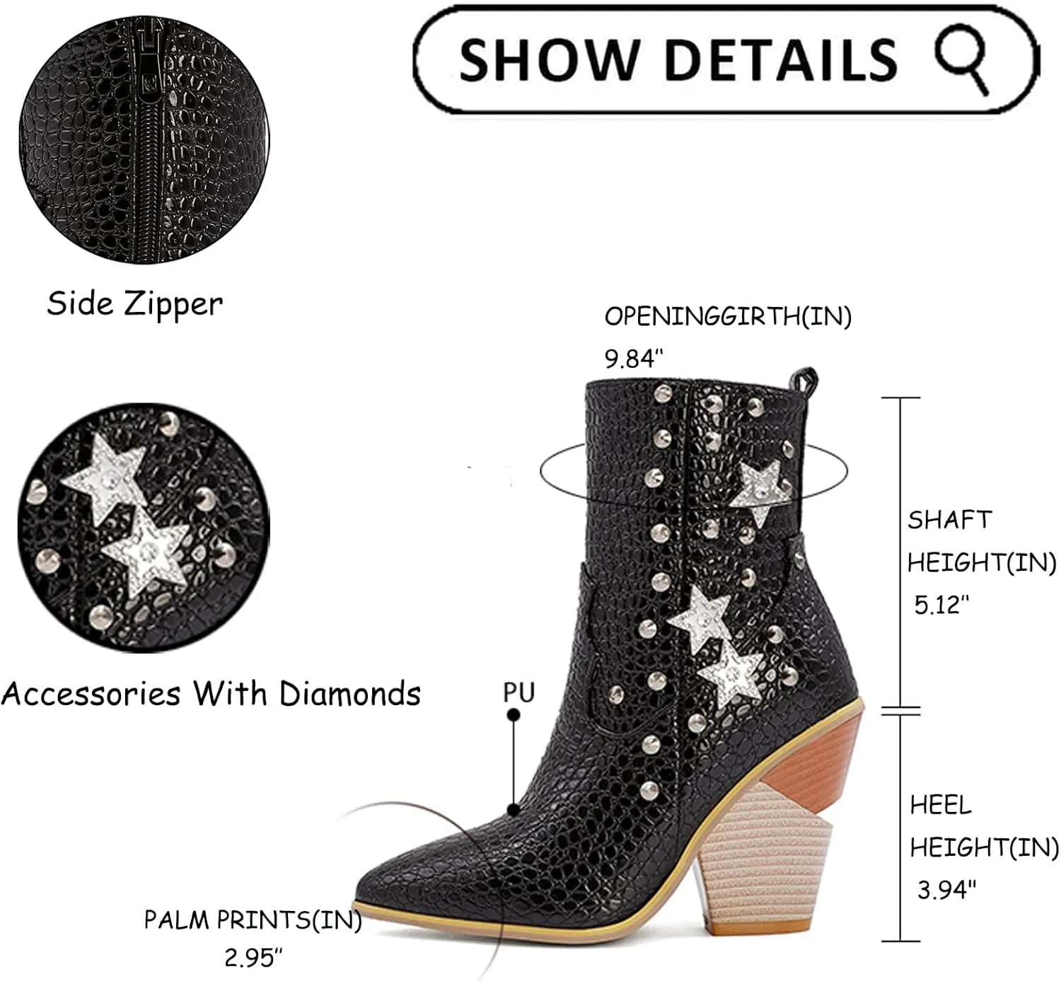 Tokouk Women's Crocodile Printed Rivet Studded Chunky High Heel Ankle Boots With Side Zipper,Sexy Pointed Toe Wedding party Cowgirl Short Boots Dress Chelsea Booties