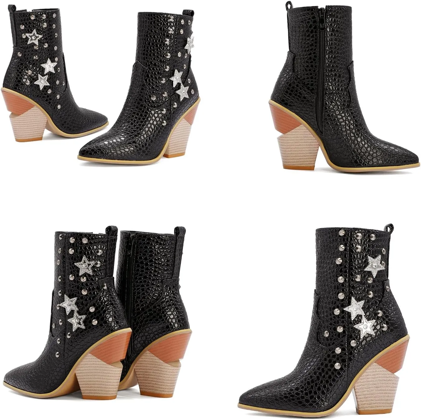 Tokouk Women's Crocodile Printed Rivet Studded Chunky High Heel Ankle Boots With Side Zipper,Sexy Pointed Toe Wedding party Cowgirl Short Boots Dress Chelsea Booties