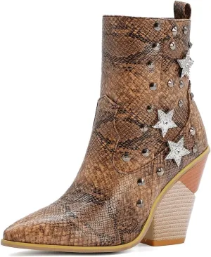 Tokouk Women's Crocodile Printed Rivet Studded Chunky High Heel Ankle Boots With Side Zipper,Sexy Pointed Toe Wedding party Cowgirl Short Boots Dress Chelsea Booties