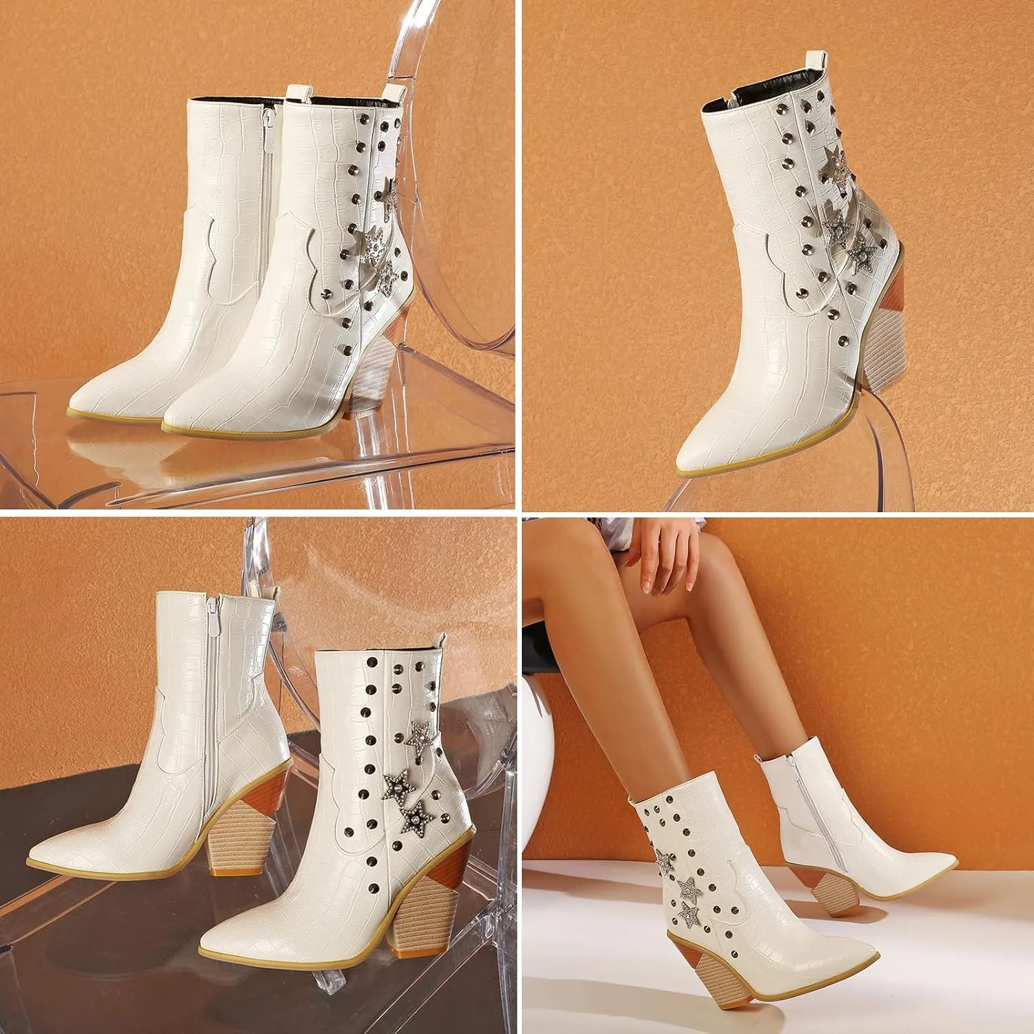 Tokouk Women's Crocodile Printed Rivet Studded Chunky High Heel Ankle Boots With Side Zipper,Sexy Pointed Toe Wedding party Cowgirl Short Boots Dress Chelsea Booties
