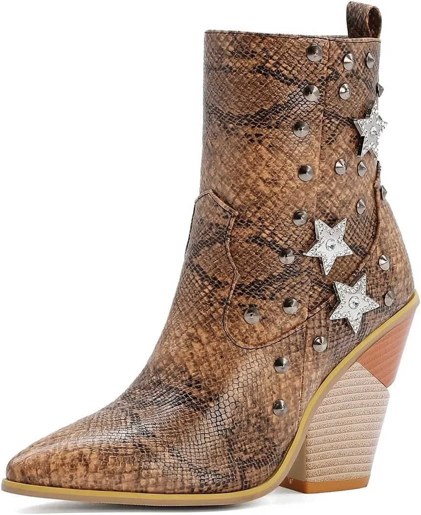 Tokouk Women's Crocodile Printed Rivet Studded Chunky High Heel Ankle Boots With Side Zipper,Sexy Pointed Toe Wedding party Cowgirl Short Boots Dress Chelsea Booties