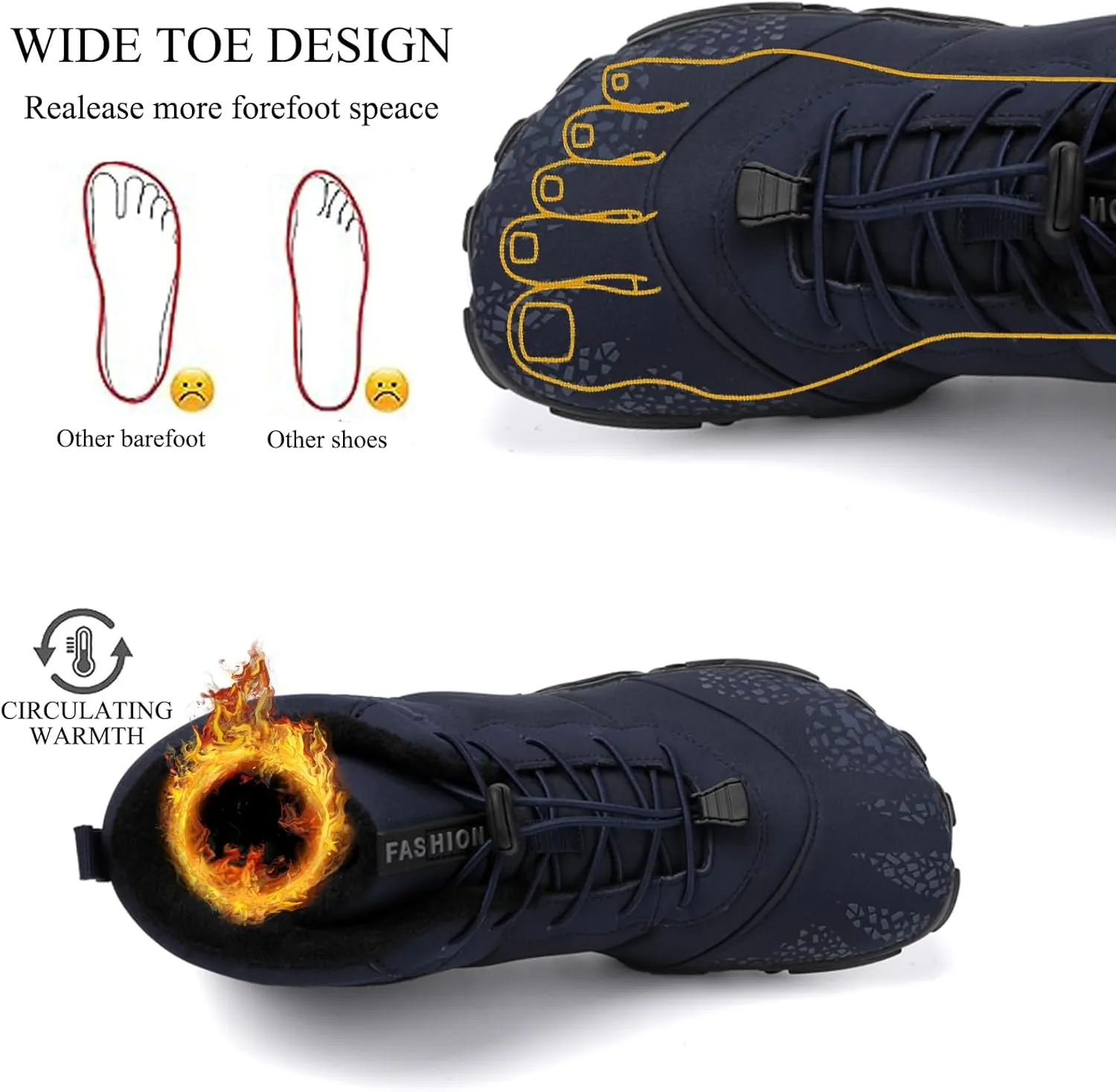 Tongzone Wide Toe Box Men's Women's Barefoot Shoes Fur Lined Zero Drop Sole High top Walking shoes Winter
