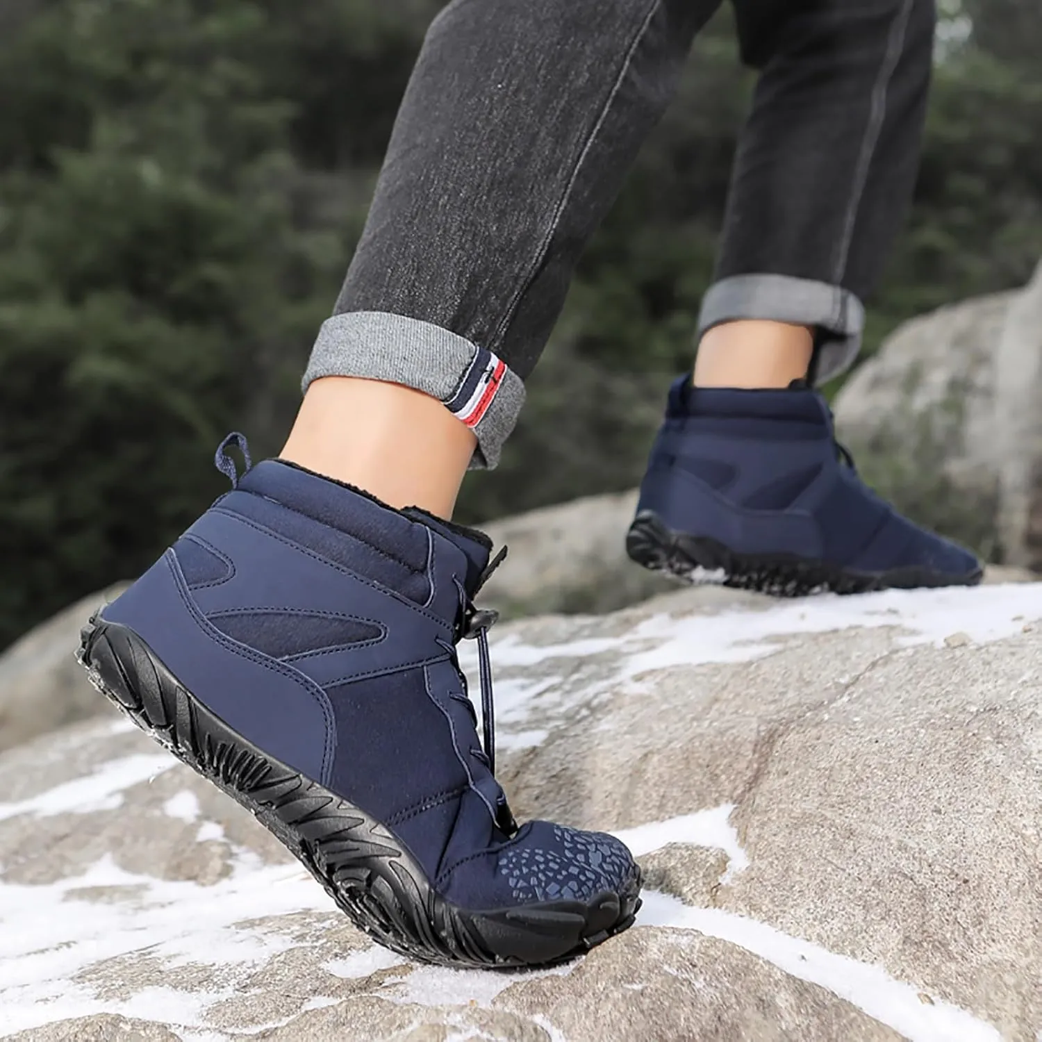 Tongzone Wide Toe Box Men's Women's Barefoot Shoes Fur Lined Zero Drop Sole High top Walking shoes Winter