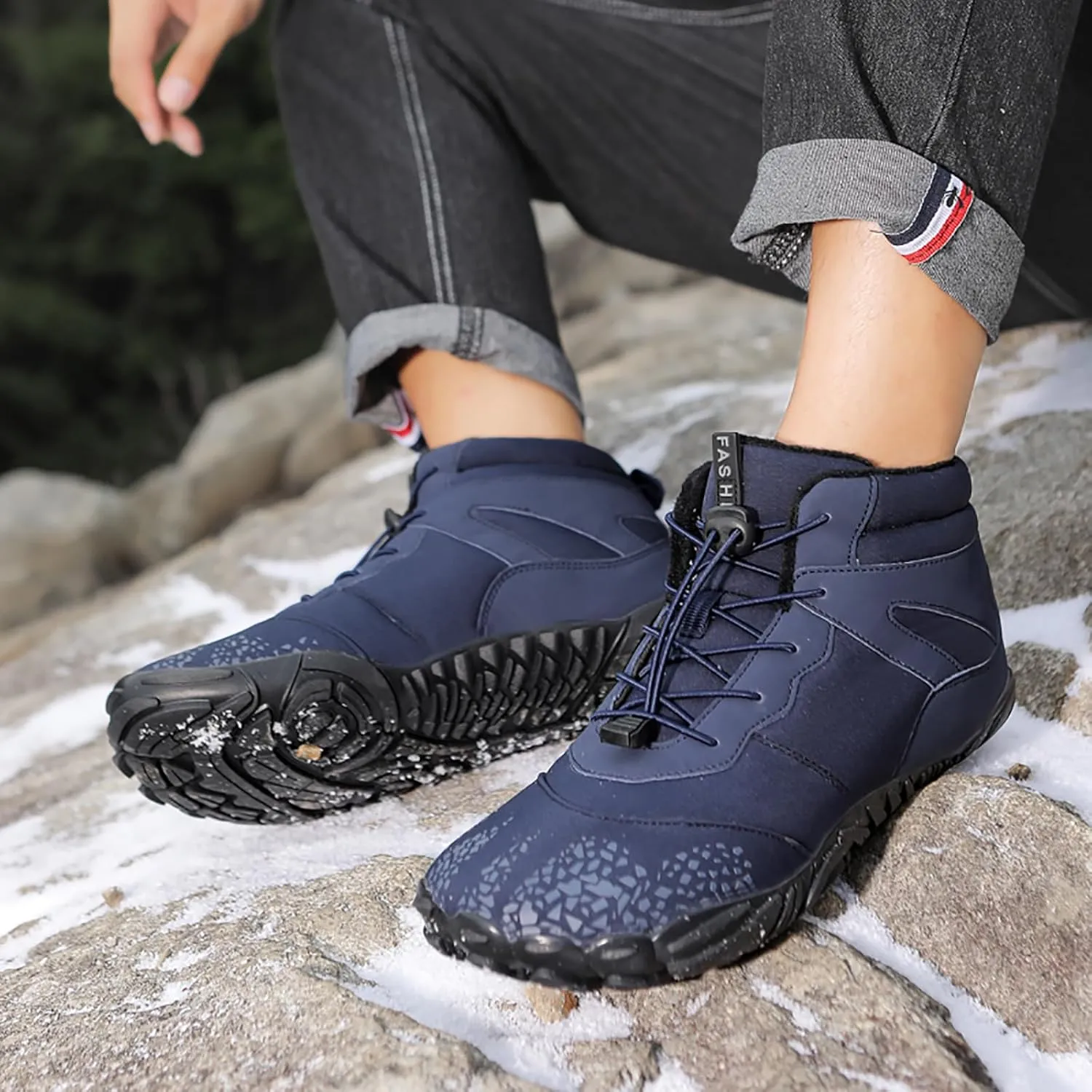 Tongzone Wide Toe Box Men's Women's Barefoot Shoes Fur Lined Zero Drop Sole High top Walking shoes Winter