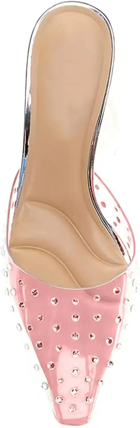 Trendy Clear High - Heel Open - Back Sandals with Rhinestone Detailing for Women