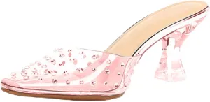 Trendy Clear High - Heel Open - Back Sandals with Rhinestone Detailing for Women