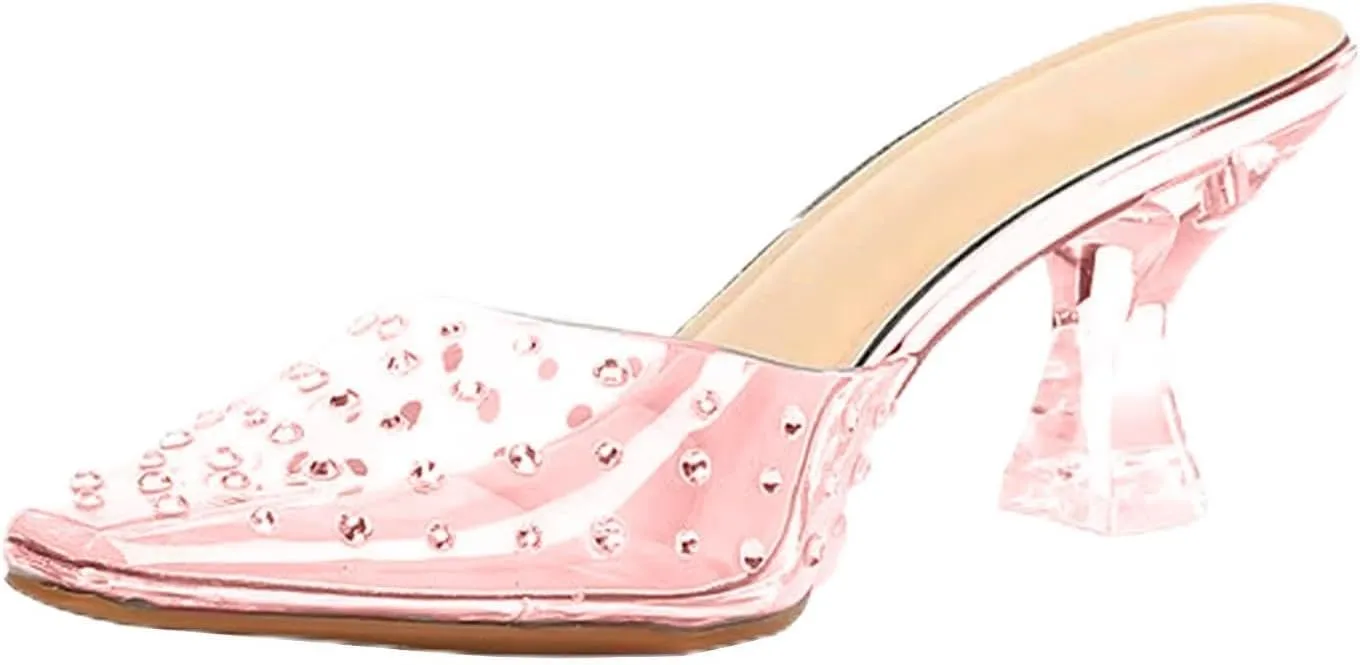Trendy Clear High - Heel Open - Back Sandals with Rhinestone Detailing for Women