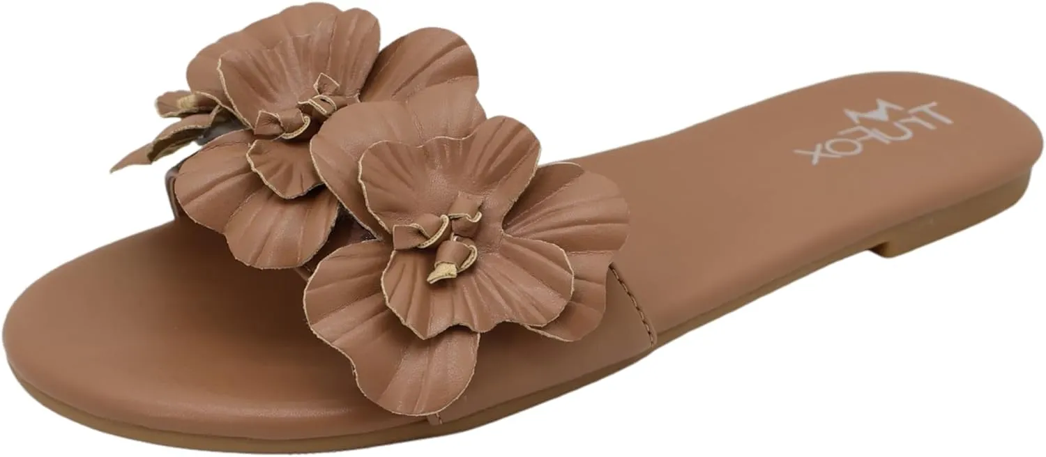 TruFox Women's Flower Flat Sandals Dressy Open Toe Sandals Comfortable Slip On Summer Slide Sandals