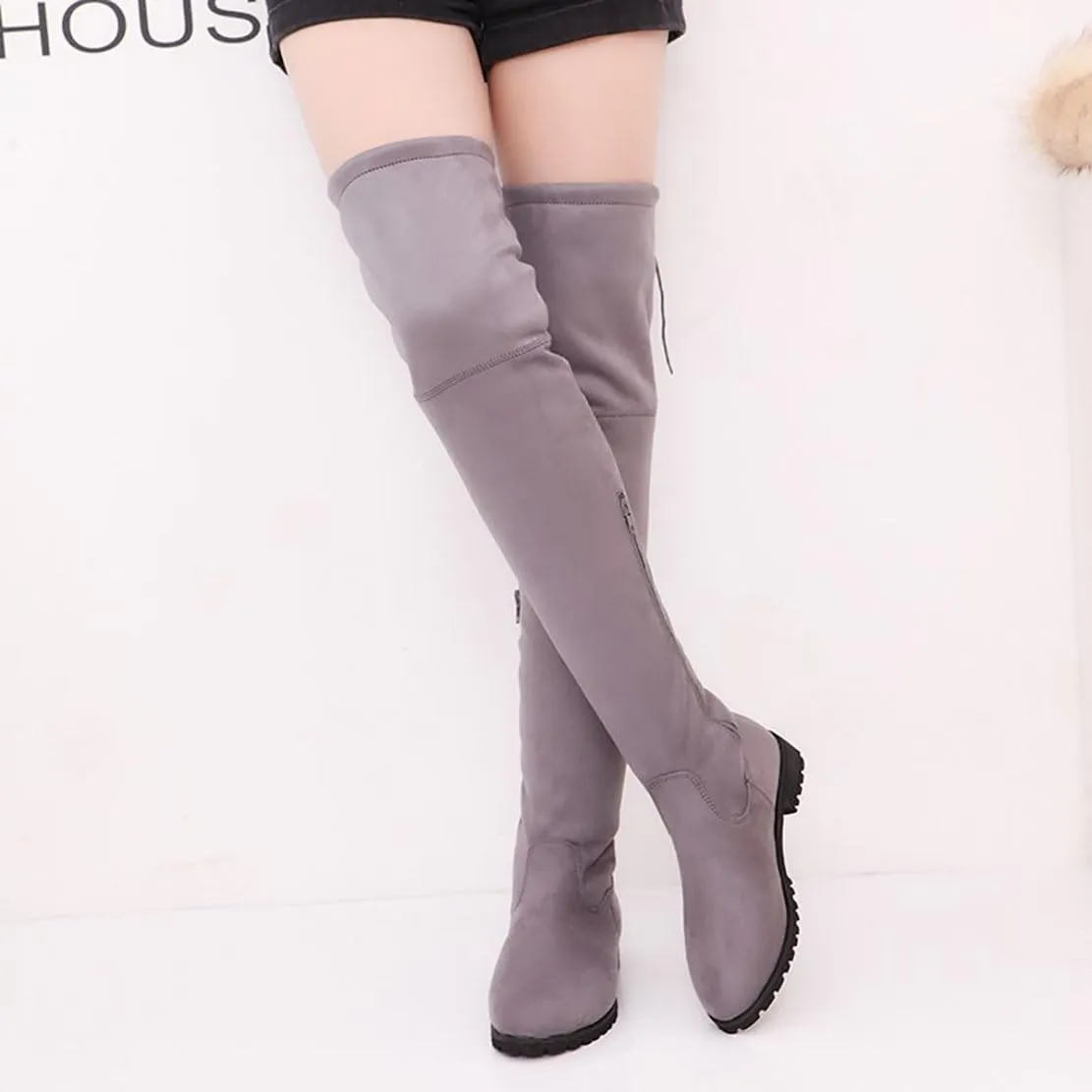 Ulalaza Women’s Casual Stylish Knee High Boots Artificial Suede Inner Pointy-toe Lace-up Zipper Mid Heel Stretch Legs Comfort for Walking
