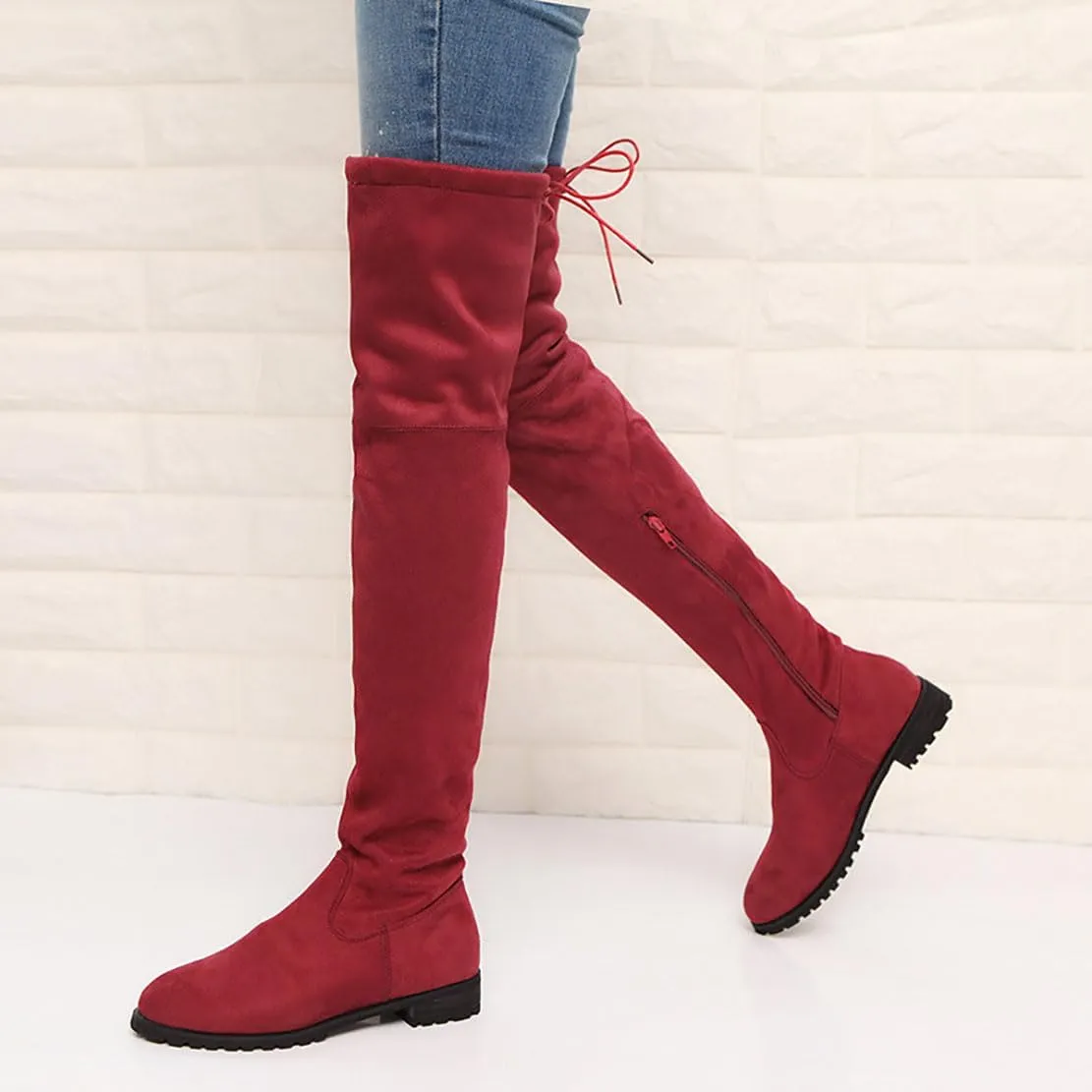 Ulalaza Women’s Casual Stylish Knee High Boots Artificial Suede Inner Pointy-toe Lace-up Zipper Mid Heel Stretch Legs Comfort for Walking