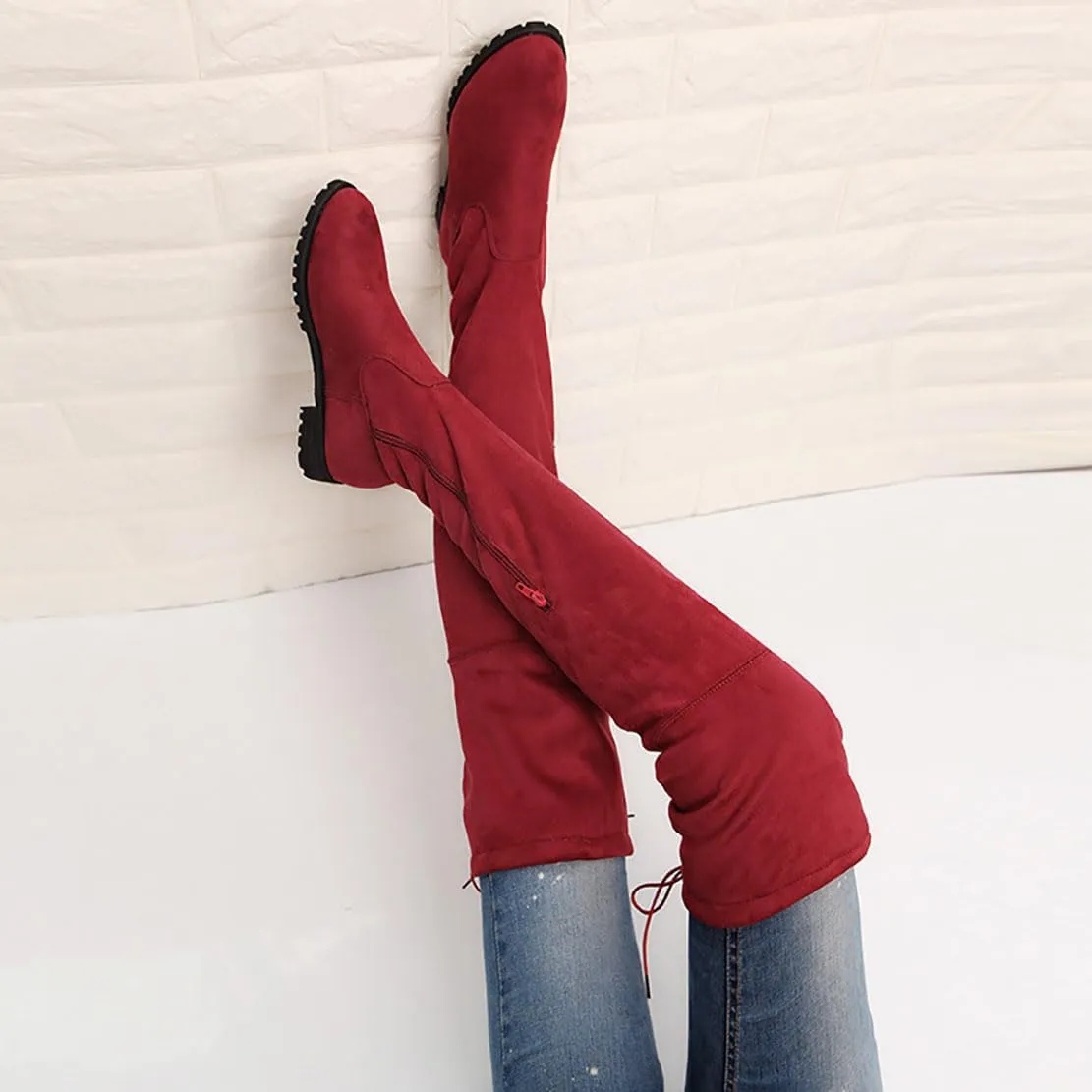 Ulalaza Women’s Casual Stylish Knee High Boots Artificial Suede Inner Pointy-toe Lace-up Zipper Mid Heel Stretch Legs Comfort for Walking