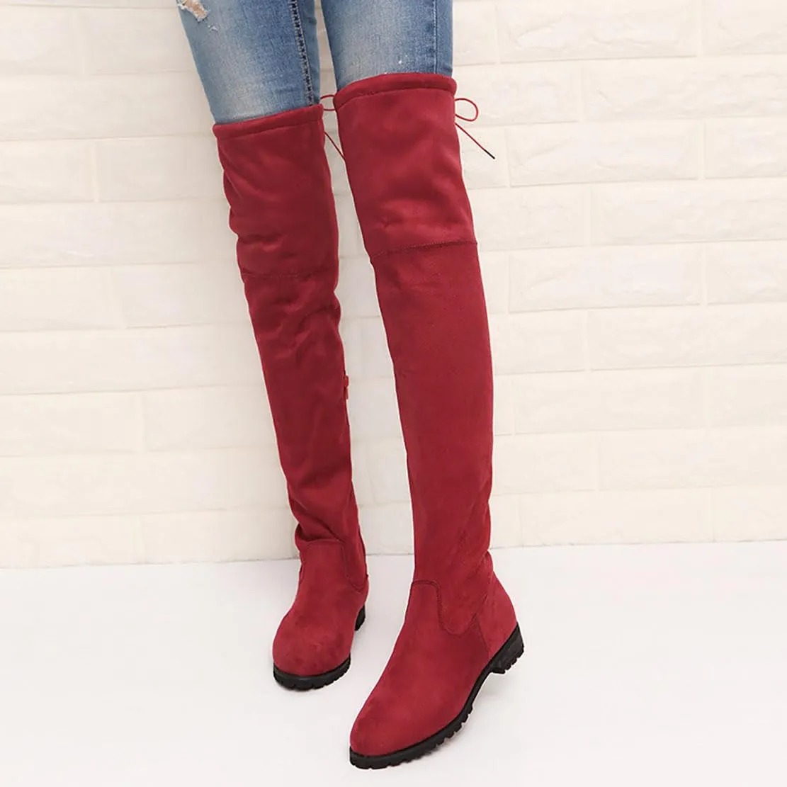 Ulalaza Women’s Casual Stylish Knee High Boots Artificial Suede Inner Pointy-toe Lace-up Zipper Mid Heel Stretch Legs Comfort for Walking