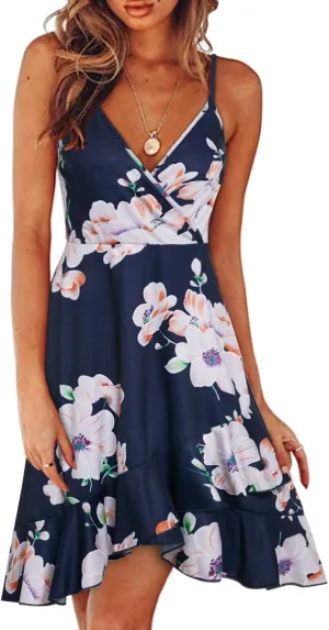 ULTRANICE Womens Summer Dresses Floral V Neck Ruffled Hem Spaghetti Spring Casual Beach Outfits Flowy Wrap Sun Dress