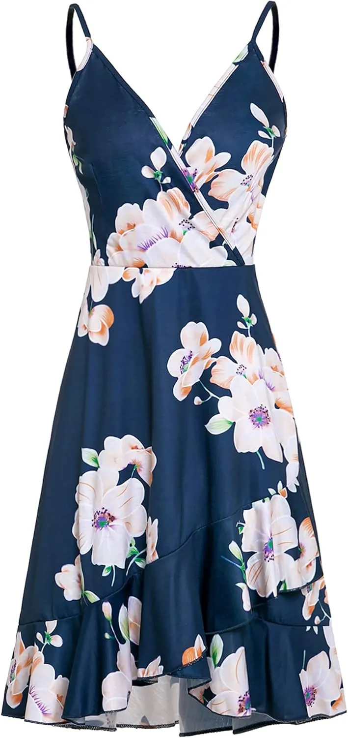 ULTRANICE Womens Summer Dresses Floral V Neck Ruffled Hem Spaghetti Spring Casual Beach Outfits Flowy Wrap Sun Dress