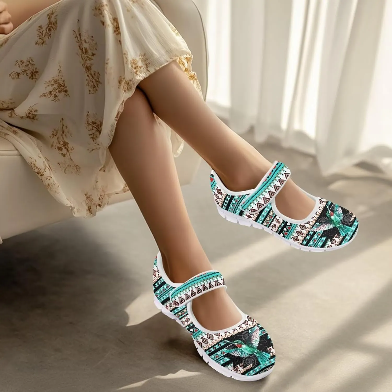 UNICEU Southwestern Style Women's Mary Jane Flat Shoes Party Footwear Mesh Non Slip Breathable Athletic Shoes Casual Dress Shoes Ballet Flats