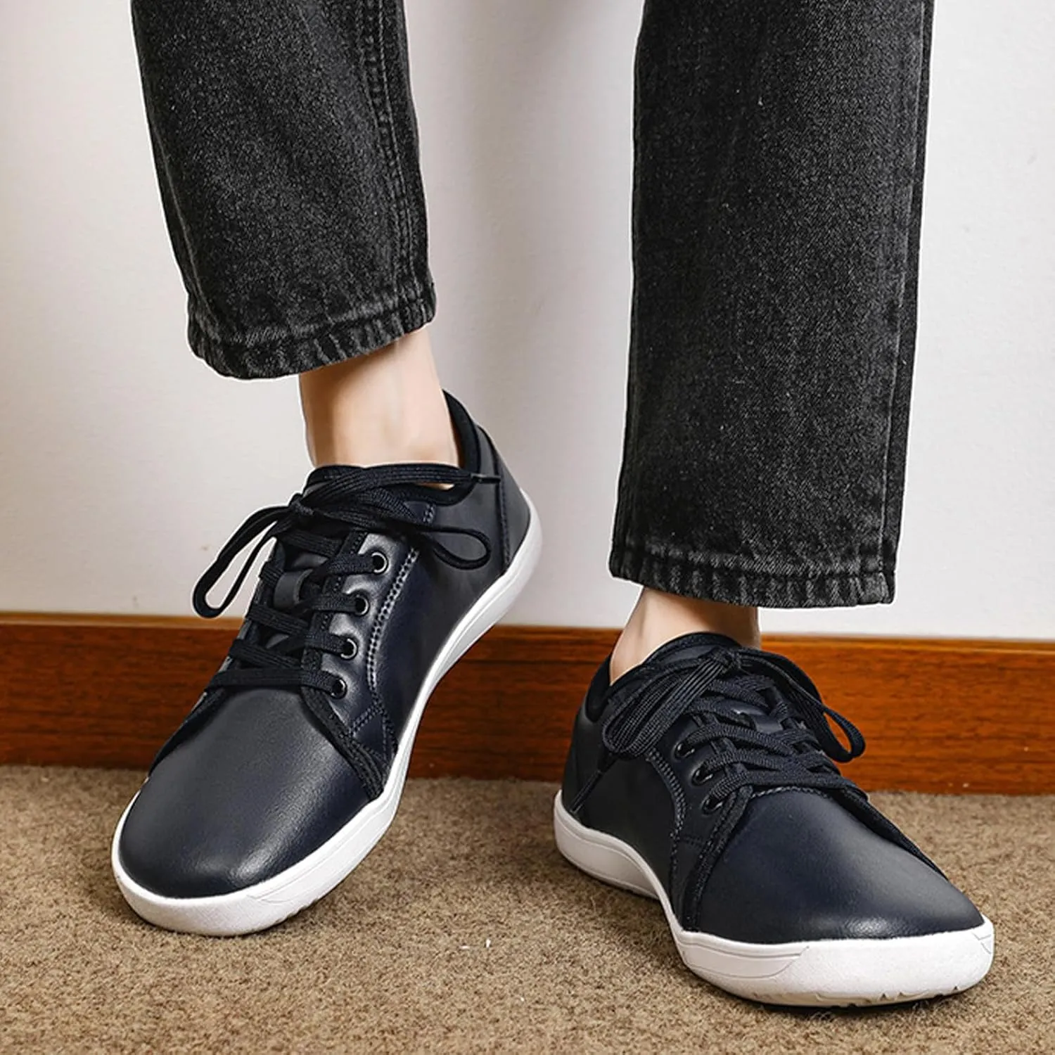 Unisex Leather Fashion Commute Wide Toe Box Barefoot Shoes Comfortable Breathable Non-Slip Lace up Minimalist Zero Drop Casual Sneakers for Walking Outdoor Driving Work