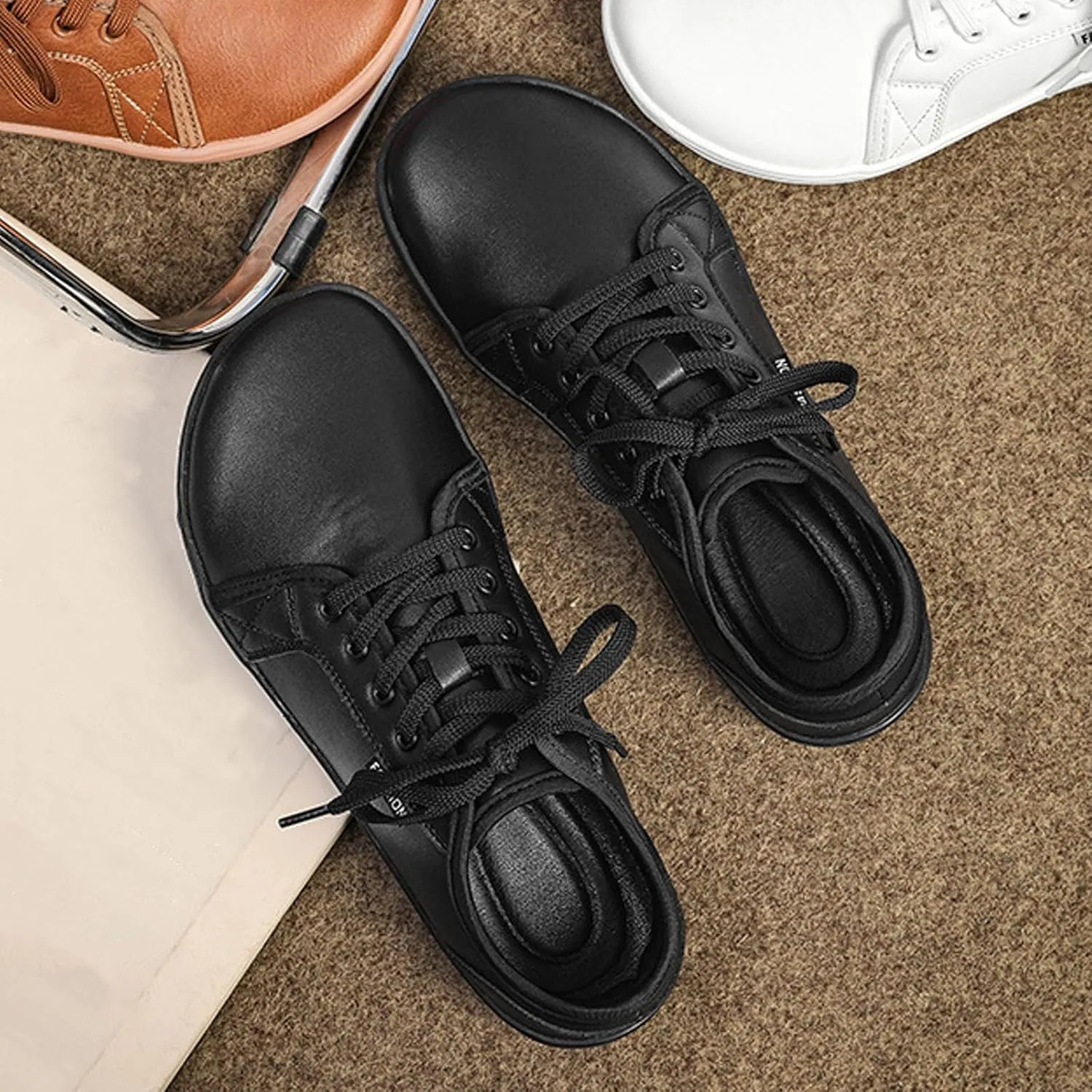 Unisex Leather Fashion Commute Wide Toe Box Barefoot Shoes Comfortable Breathable Non-Slip Lace up Minimalist Zero Drop Casual Sneakers for Walking Outdoor Driving Work