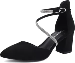 UTIKLIOU Women's Chunky Heels Pump Shoes Rhinestone Ankle Strap Pointed Toe Pumps Wedding Party Formal Dress Block Heel Shoes
