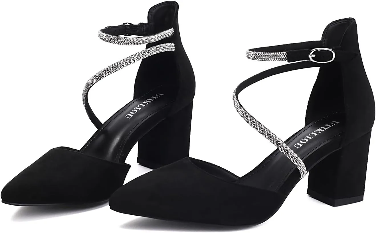UTIKLIOU Women's Chunky Heels Pump Shoes Rhinestone Ankle Strap Pointed Toe Pumps Wedding Party Formal Dress Block Heel Shoes