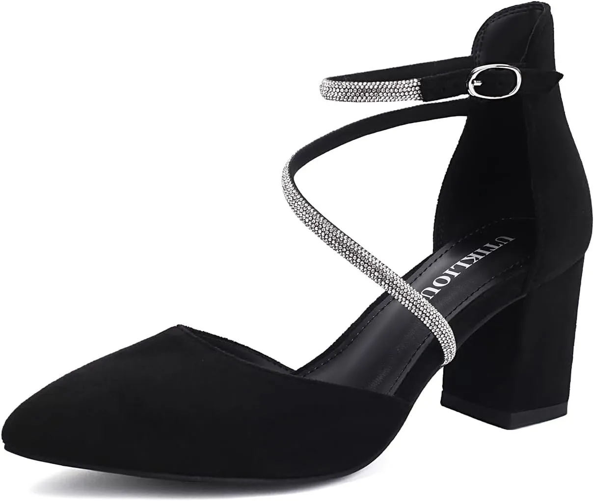 UTIKLIOU Women's Chunky Heels Pump Shoes Rhinestone Ankle Strap Pointed Toe Pumps Wedding Party Formal Dress Block Heel Shoes